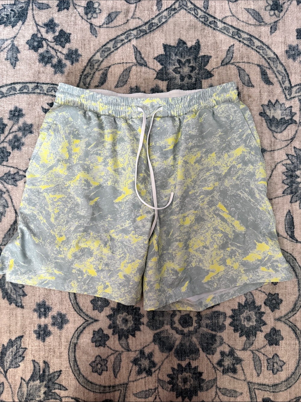 Lululemon Men's Grey & Green/Yellow Athletic Shorts with Drawstring